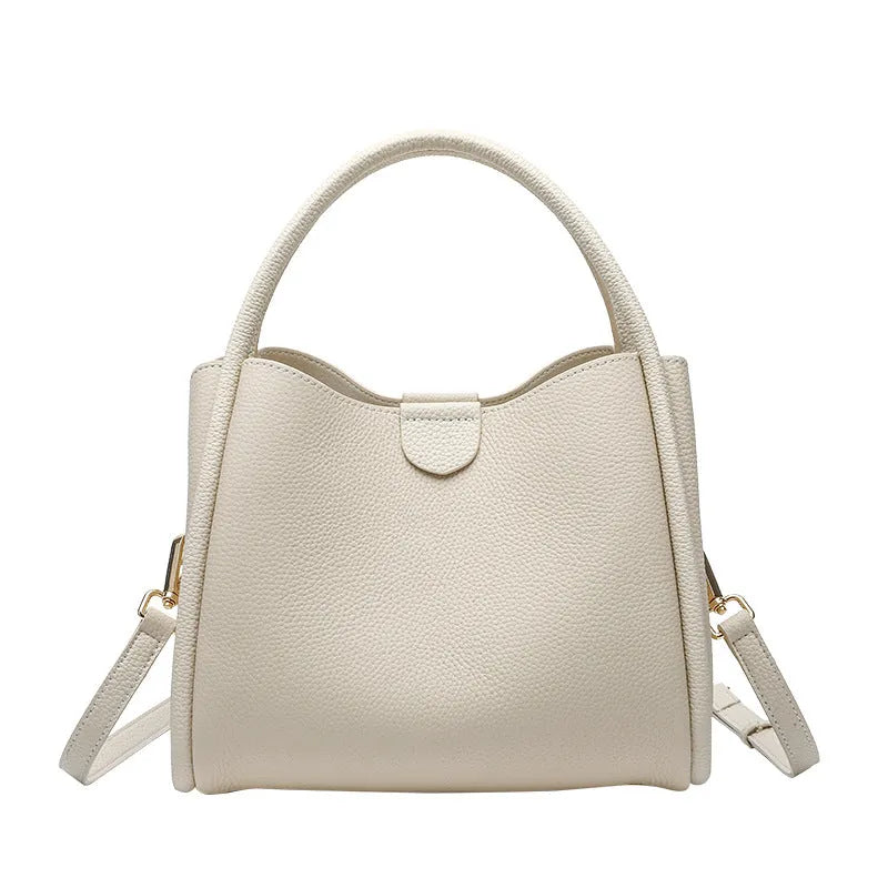 Genuine leather vegetable basket handbag in cylindrical shape with open pocket outer and sandwich zipper bag interior