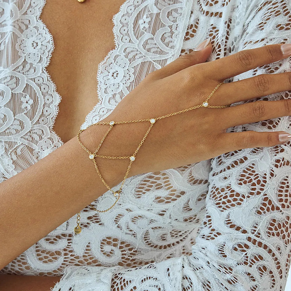 Zircon mitten-type bracelet with tassel in stainless steel, geometric round shape for women, colour JDB0307017