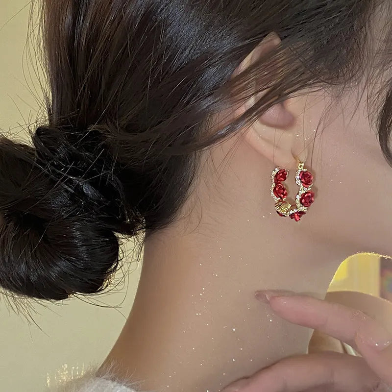 Red flower alloy ear clips with rose design elements for women's jewellery