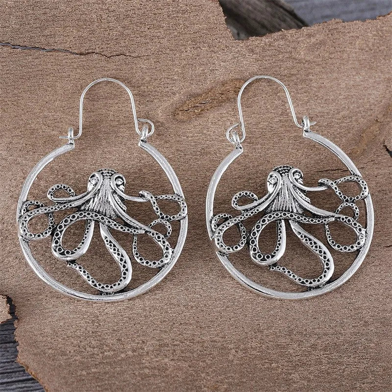 Vintage antique silver octopus earrings with retro styling and zinc alloy construction
