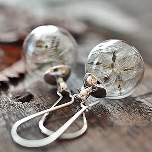 Transparent glass dandelion seed earrings with silver hooks in 16mm ball size