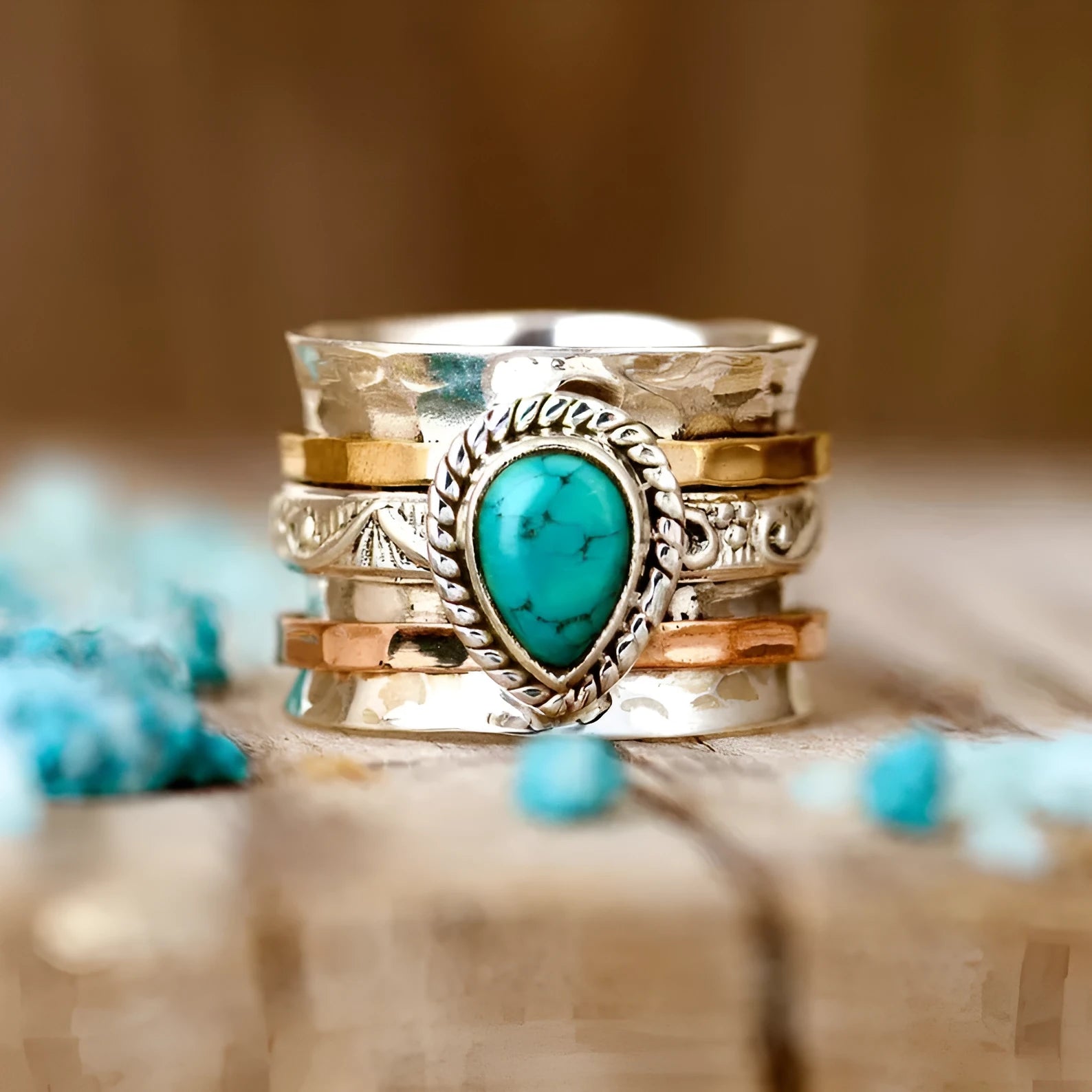 Retro green pine three-colour electroplated alloy ring for men and women