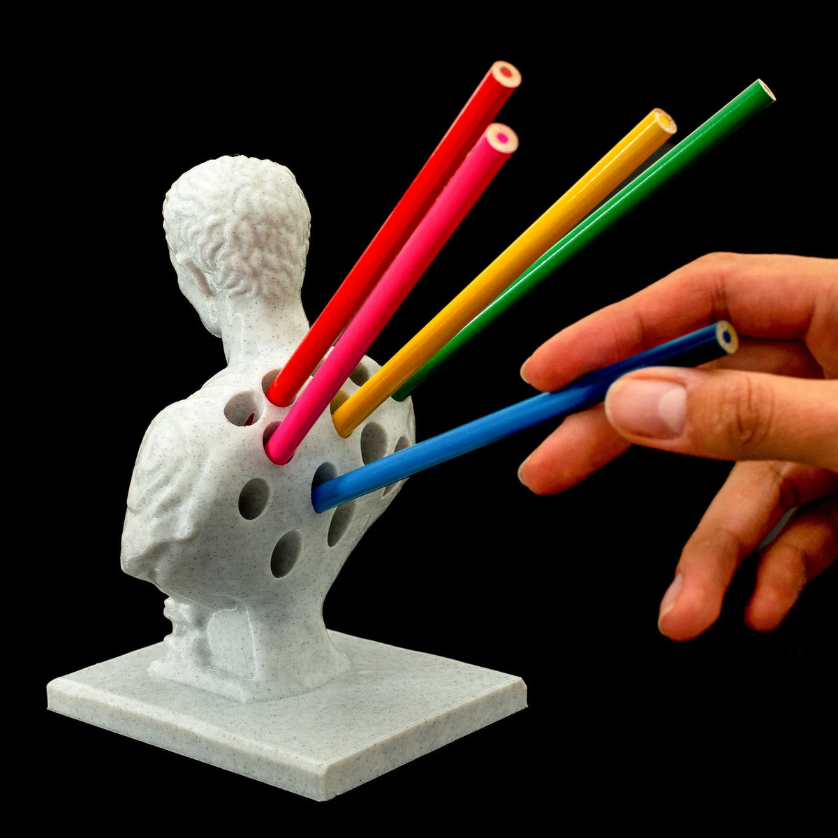 White synthetic resin statue pen holder, file basket desk tidy holding up to 15 pens
