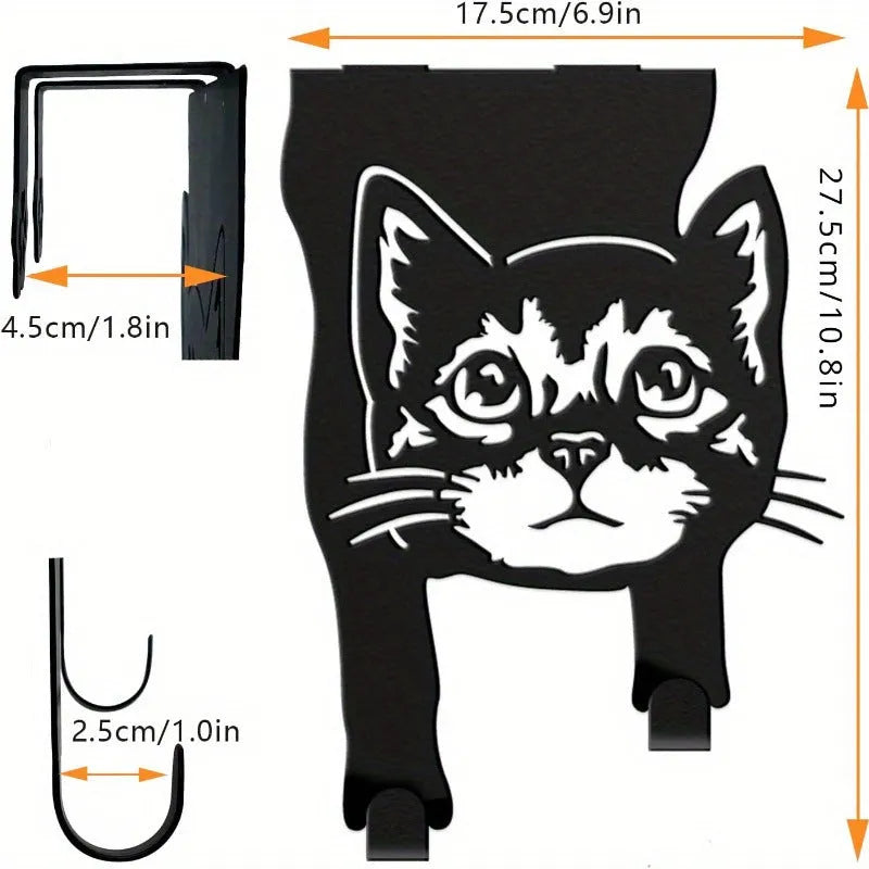 Black iron wall-mounted cat hook with modern design for punch-free installation.