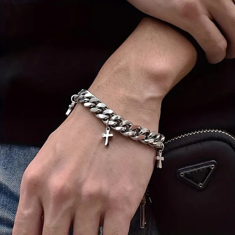 Men's titanium steel bracelet with geometric cross design in minimalist cold wind style