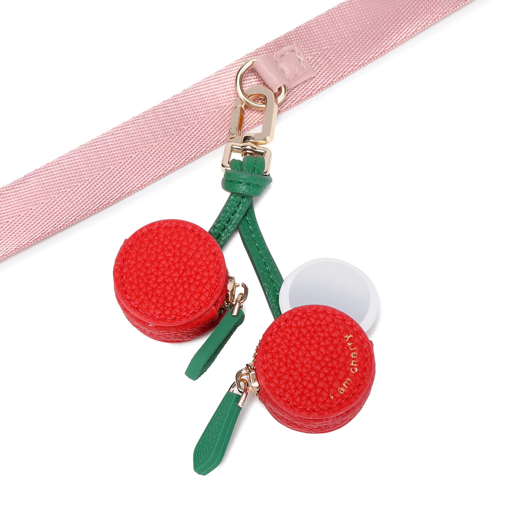 Mini PU leather coin bag keychain in cherry red colour, shown attached to a keyring.