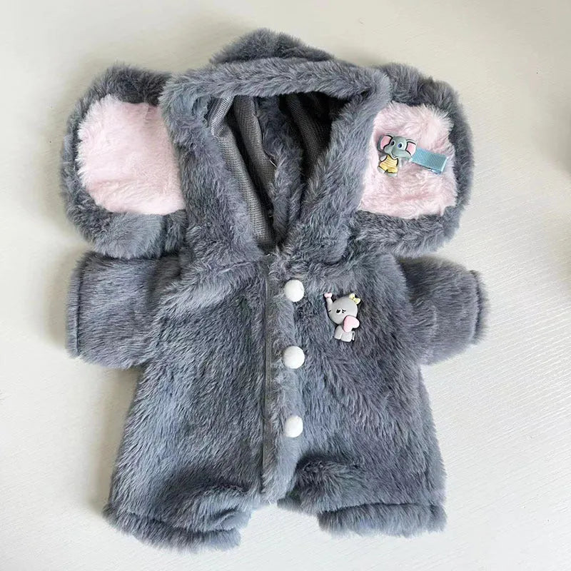 Grey elephant-themed plush jumpsuit for a 30cm teddy bear doll.