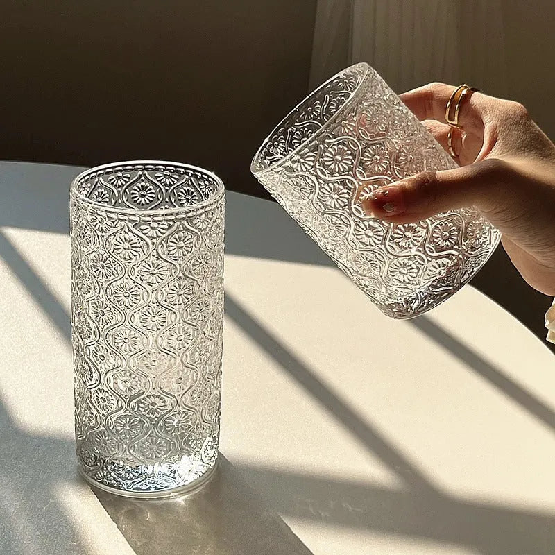 A solid colour Begonia carved glass water cup showing short 250ml and tall 360ml size options.