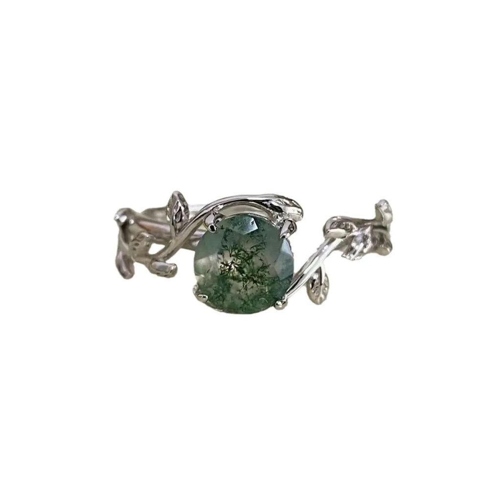 S925 silver plated green moss stone agate open ring for women, adjustable size, geometric round design