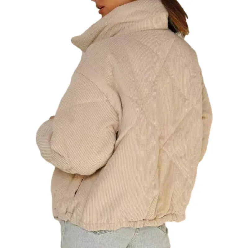 Women's apricot corduroy wadded jacket with stand collar and zip front closure