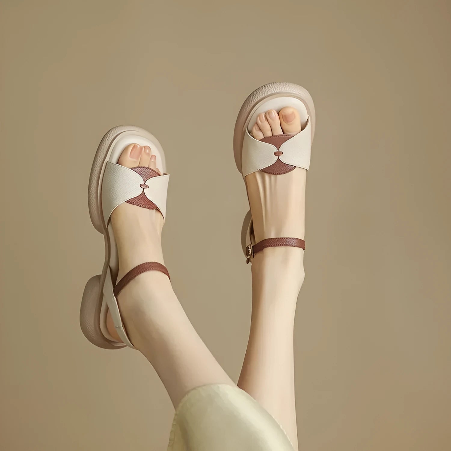 Women's chunky heel open toe sandals in renewable leather with rubber platform soles