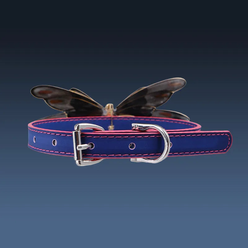 Purple colour-changing butterfly rhinestone collar with alloy pendant on a PU chain.