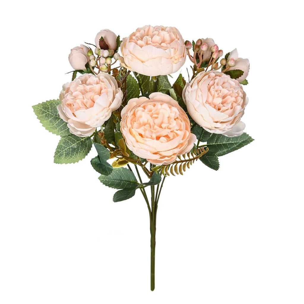 Artificial silk peony bouquet with long stem on white background