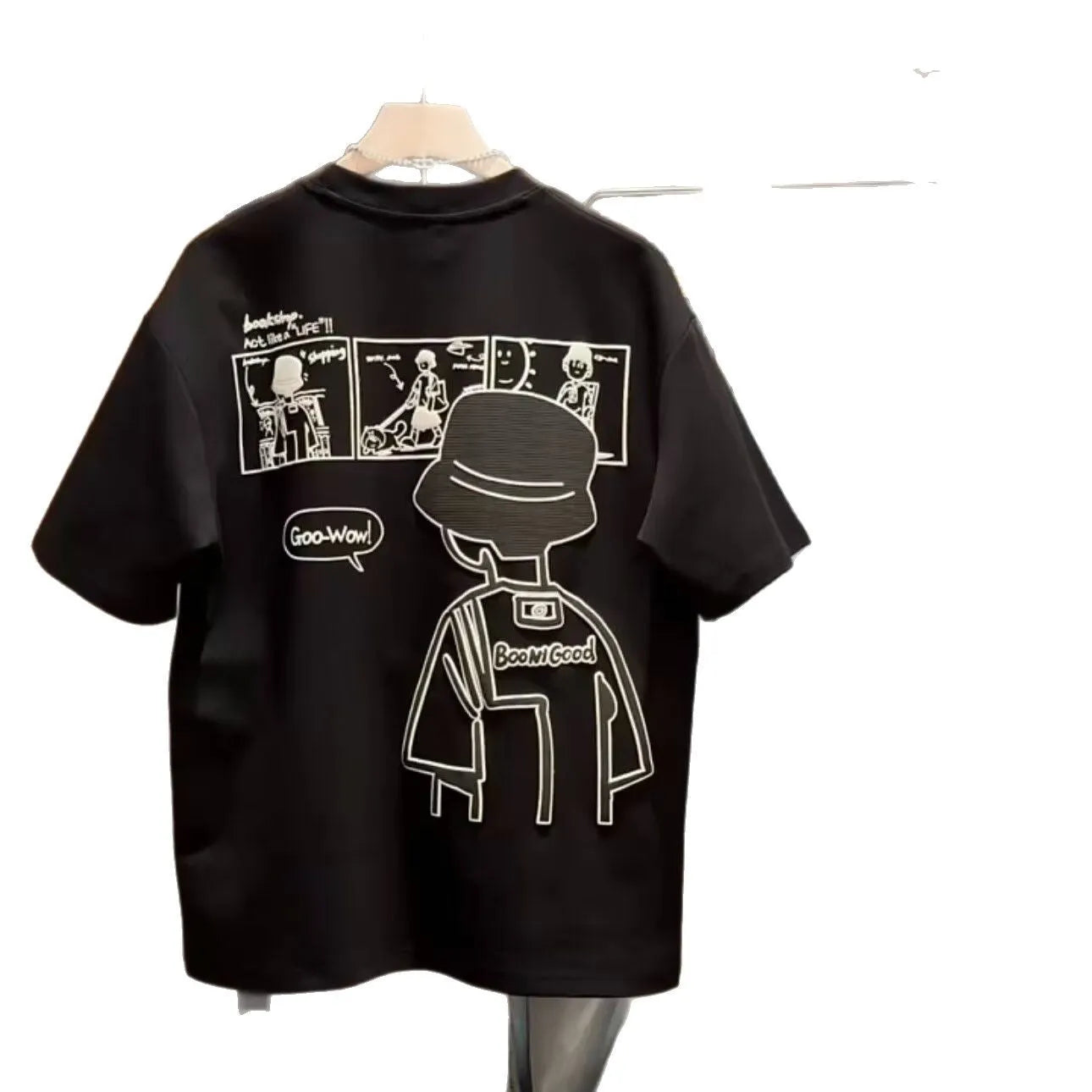 Men's black and white cotton short sleeve crew neck t-shirt on a hanger