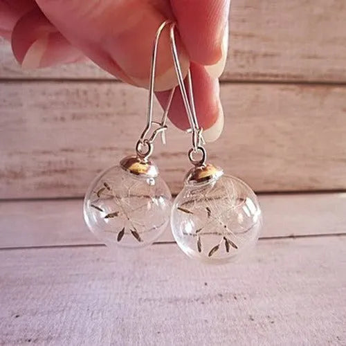 Transparent glass dandelion seed earrings with silver hooks in 16mm ball size