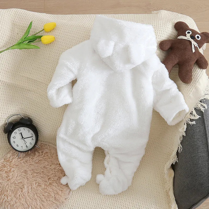 Cartoon bear velvet romper thickened long sleeve baby jumpsuit in white, khaki, pink, or gray