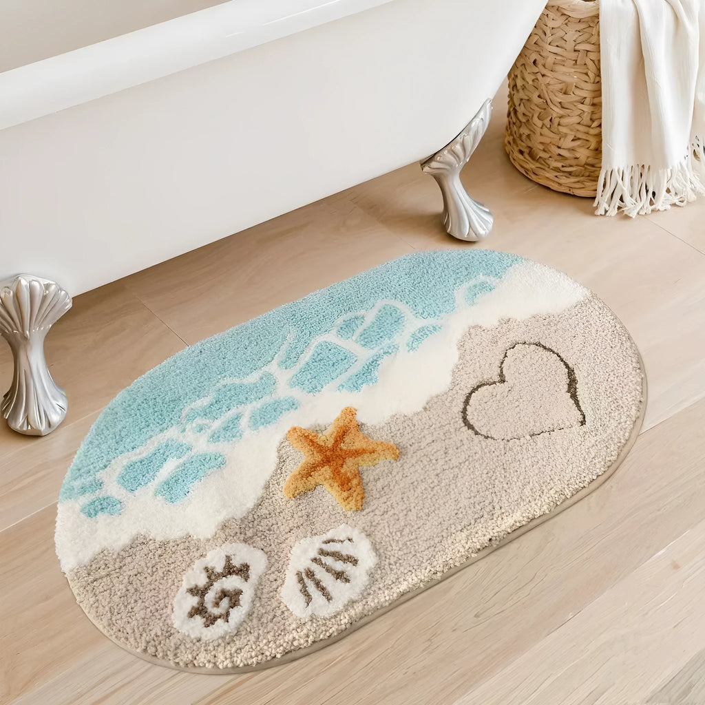 Square cashmere carpet floor mat with rainbow pattern in Sky Sea colour and plastic bottom.