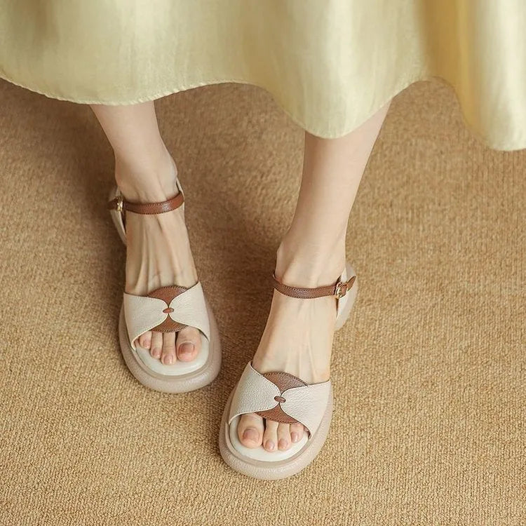 Women's chunky heel open toe sandals in renewable leather with rubber platform soles