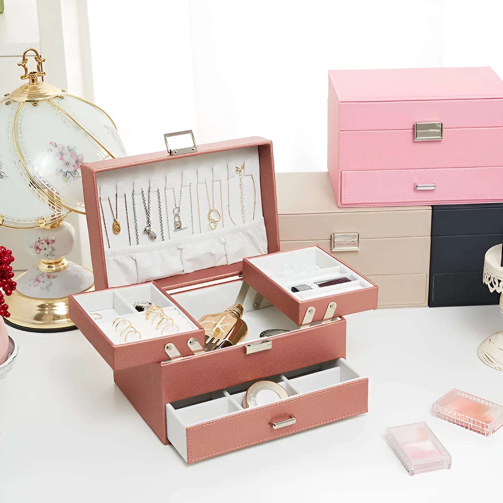 PU leather hard case jewelry storage box in solid colour