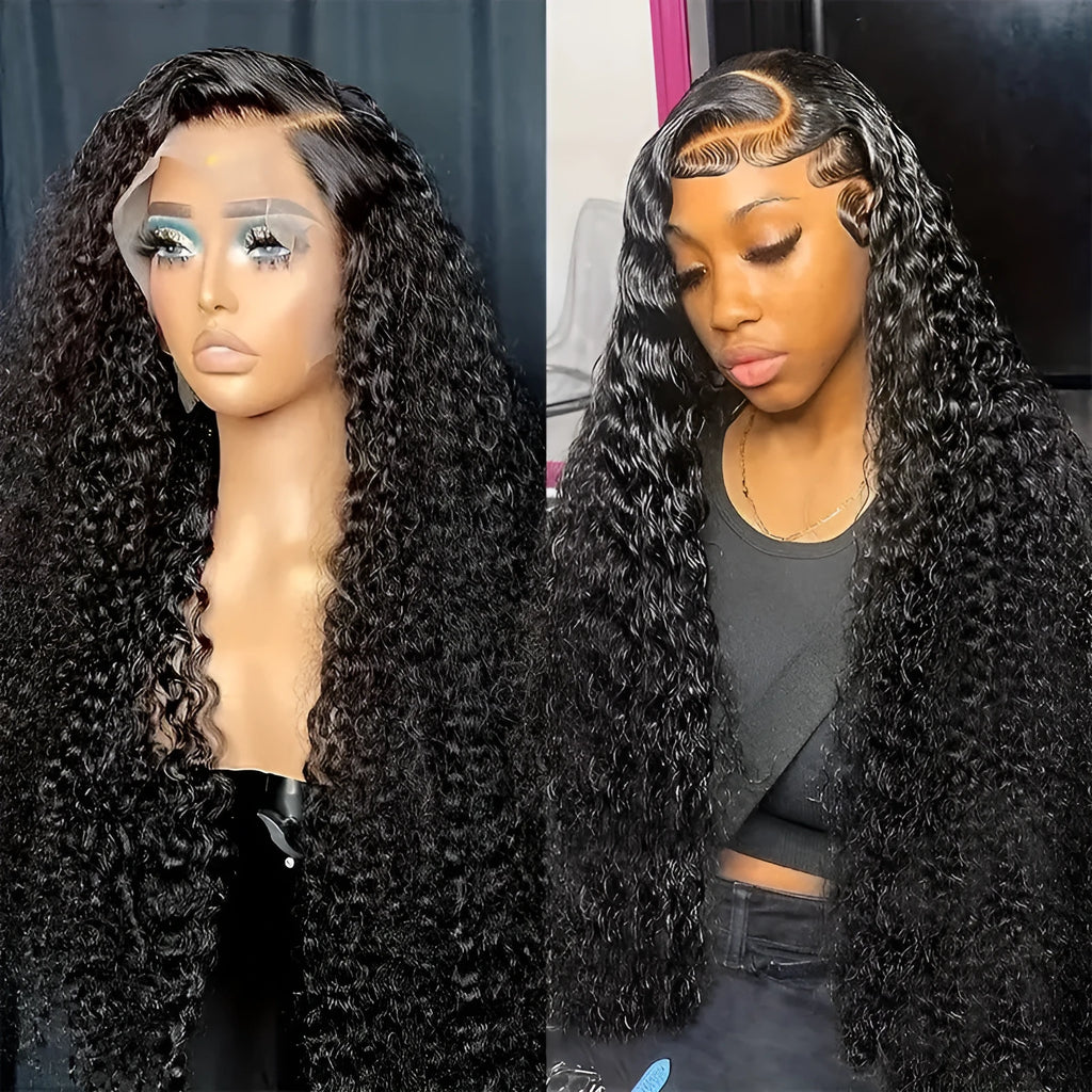 Long curly synthetic lace wig in afro style with side bangs, shown in a dark colour.