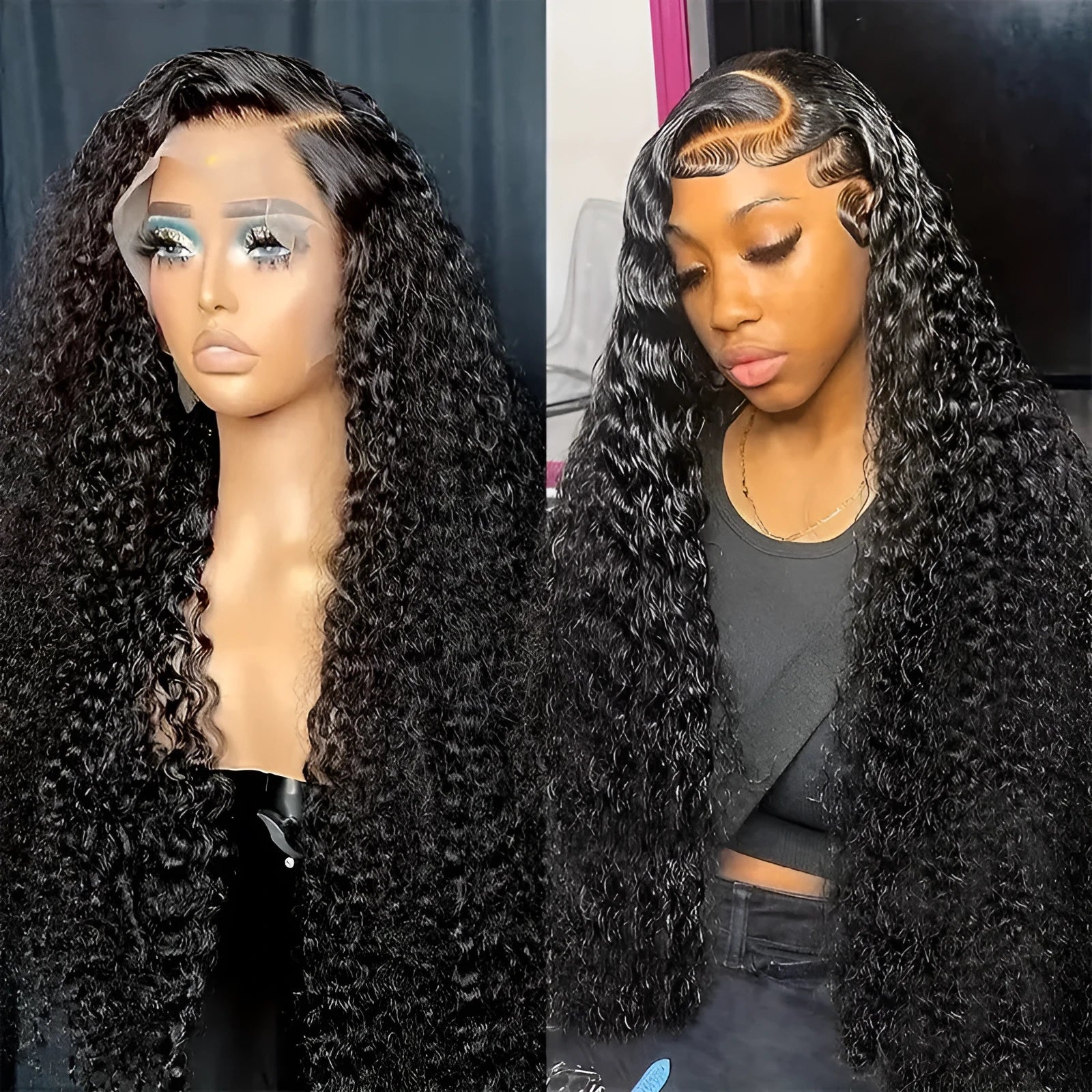 Long curly synthetic lace wig in afro style with side bangs, shown in a dark colour.