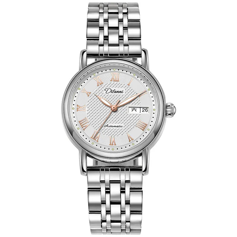 Women's automatic mechanical watch with a 12mm case on a steel or leather strap