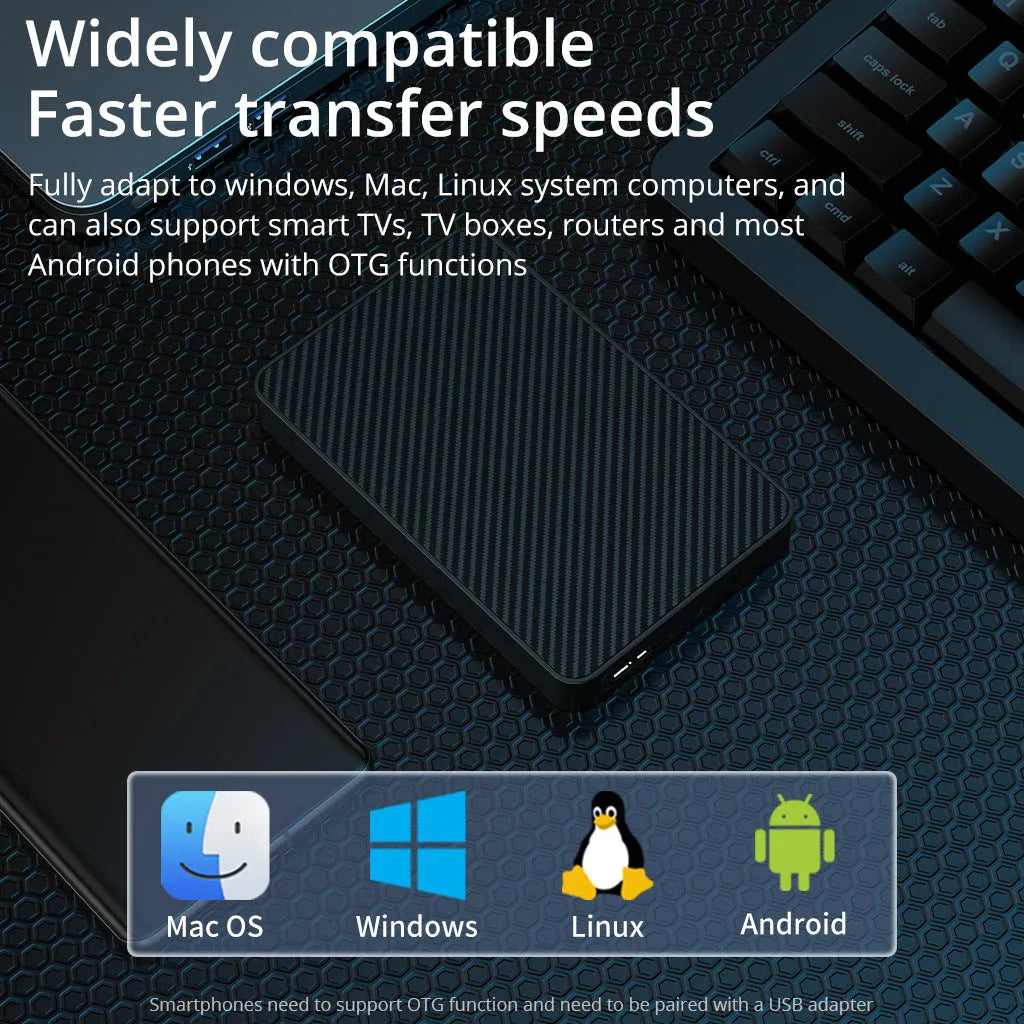 16TB high-speed portable mobile hard disk with black ABS plastic shell, compact size 121x76.4x14mm