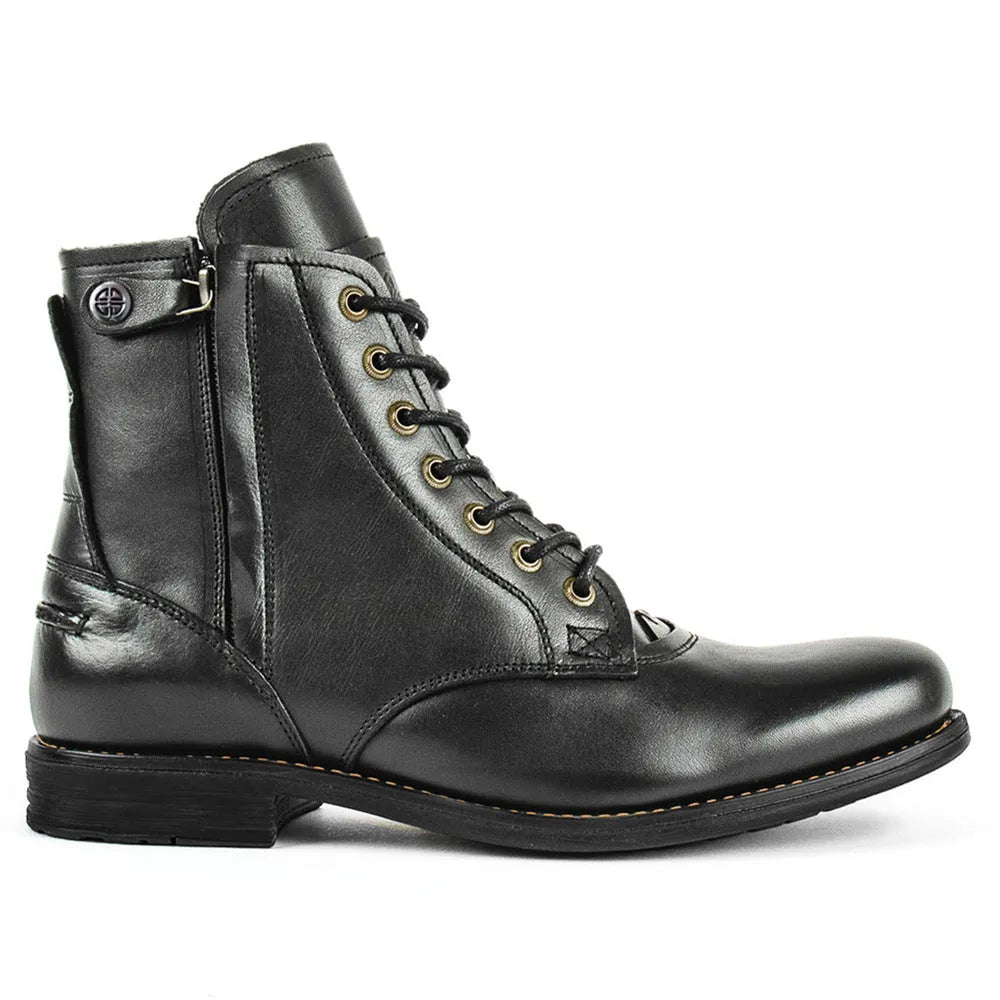 Knight Series black and brown two-tone leather men's boots with side zipper and low heel.