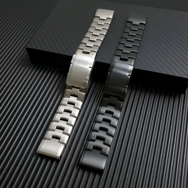 Garmin Fenix compatible watch strap in silver, black, and titanium colours showing 22mm and 26mm width options
