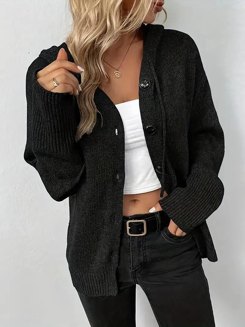 Solid colour hooded single-breasted cotton sweater in thick fabric with regular sleeves