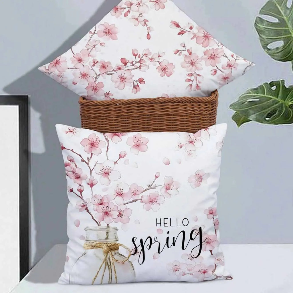Square short velvet cushion cover with cherry blossom and letter print, 45x45cm.