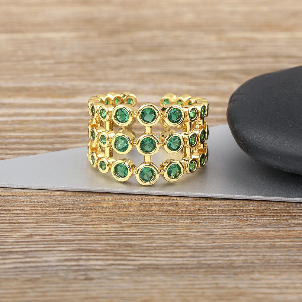 Copper ring with 18K real gold plating and three-layer green zircon stone design