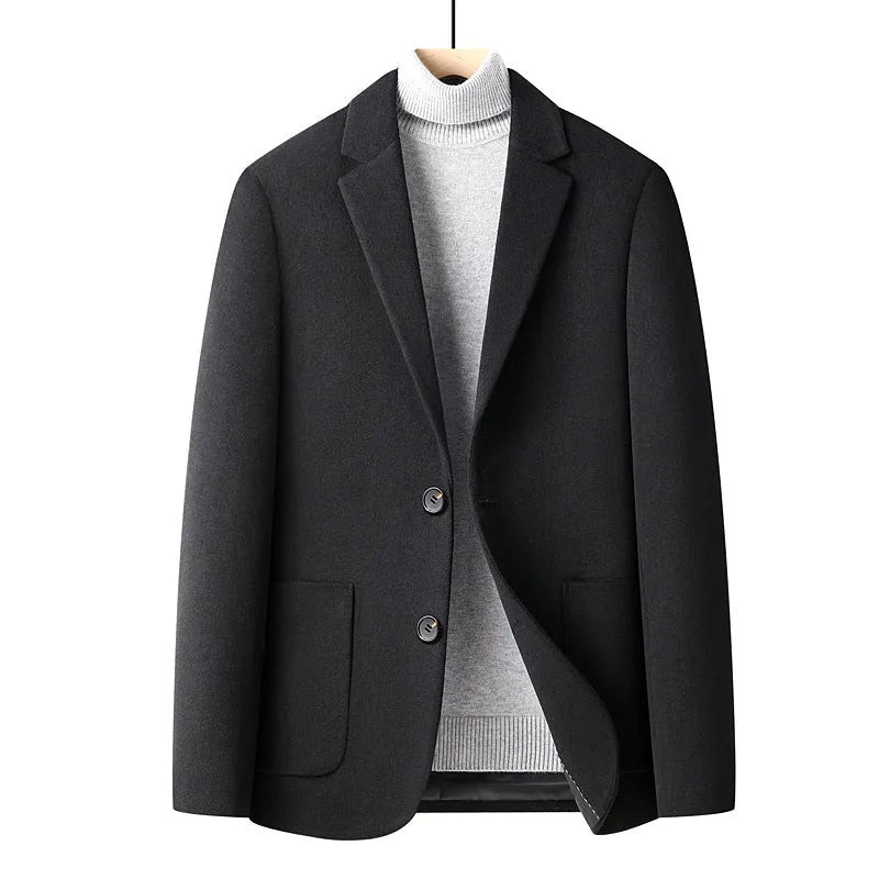 Men's slim fit wool blend suit jacket in a solid colour on a hanger.