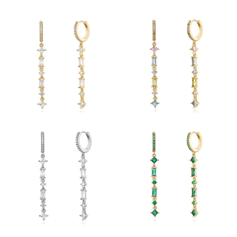 Sterling silver geometric U-shaped earrings with colourful zircon stones and tassel ear clip