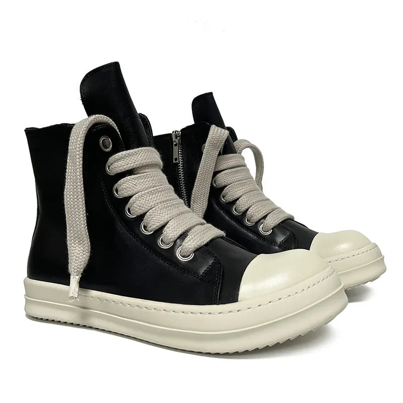 Men's and women's high-top leather sneakers in black with a side zipper and round toe on a rubber sole.