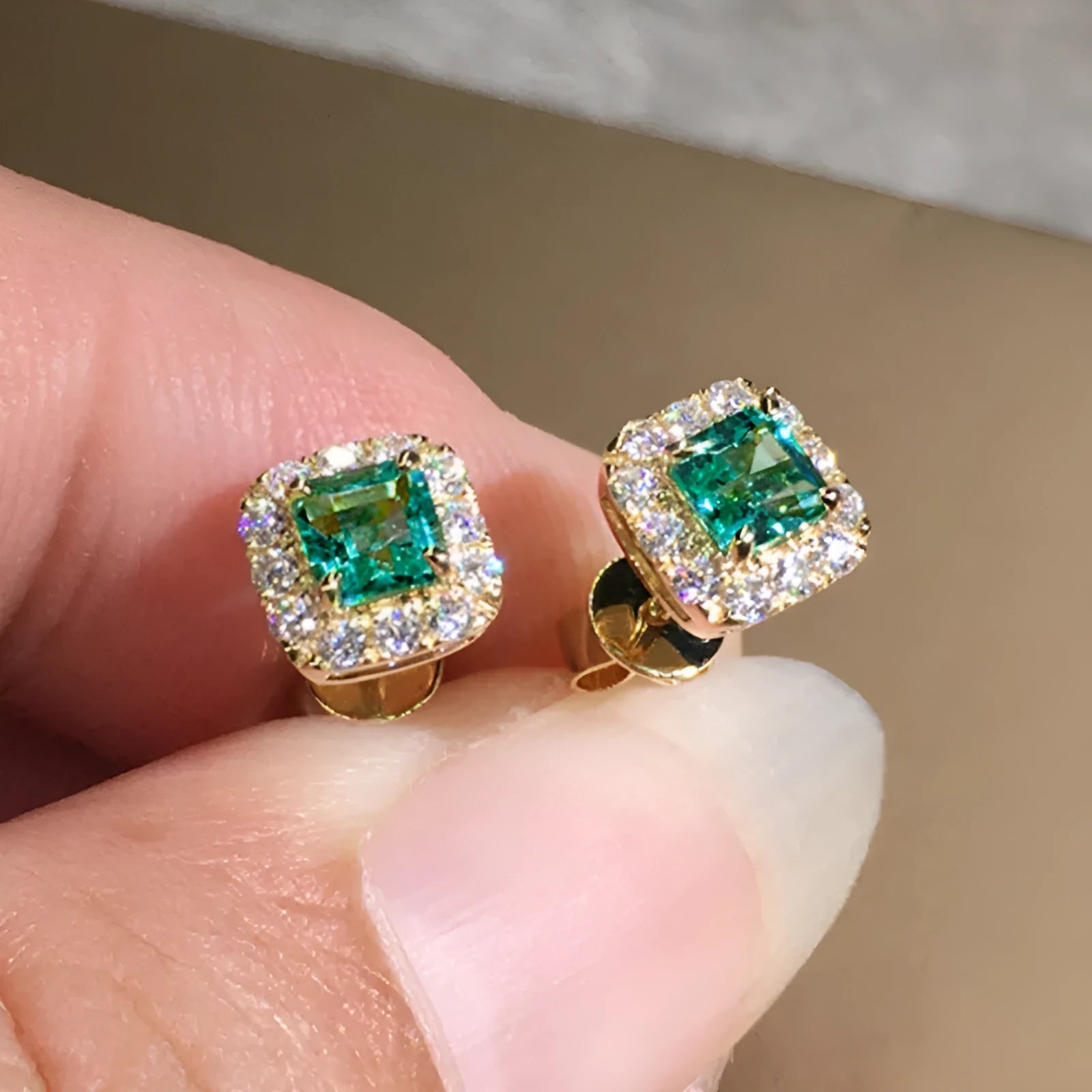 Bright green square zircon electroplated copper earrings in gold, rose gold, and white gold finishes