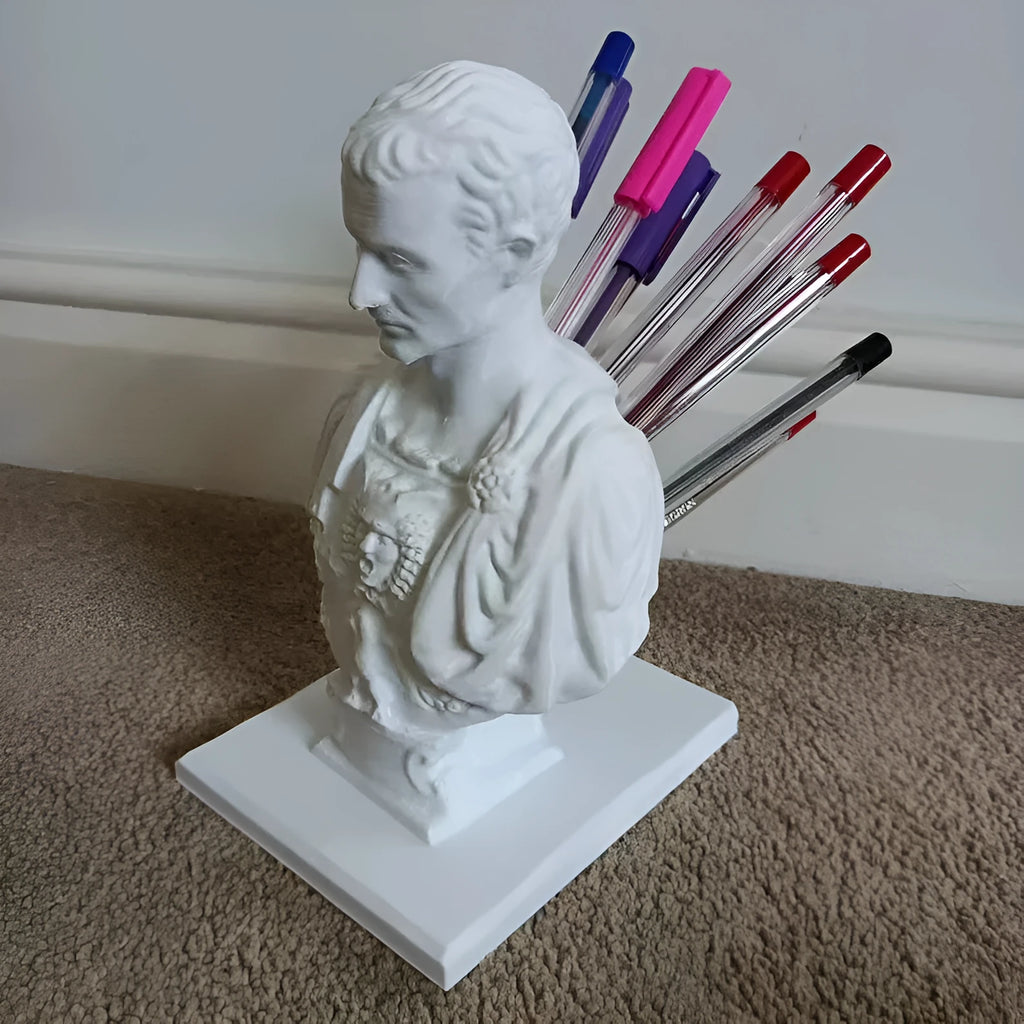 White synthetic resin statue pen holder, file basket desk tidy holding up to 15 pens