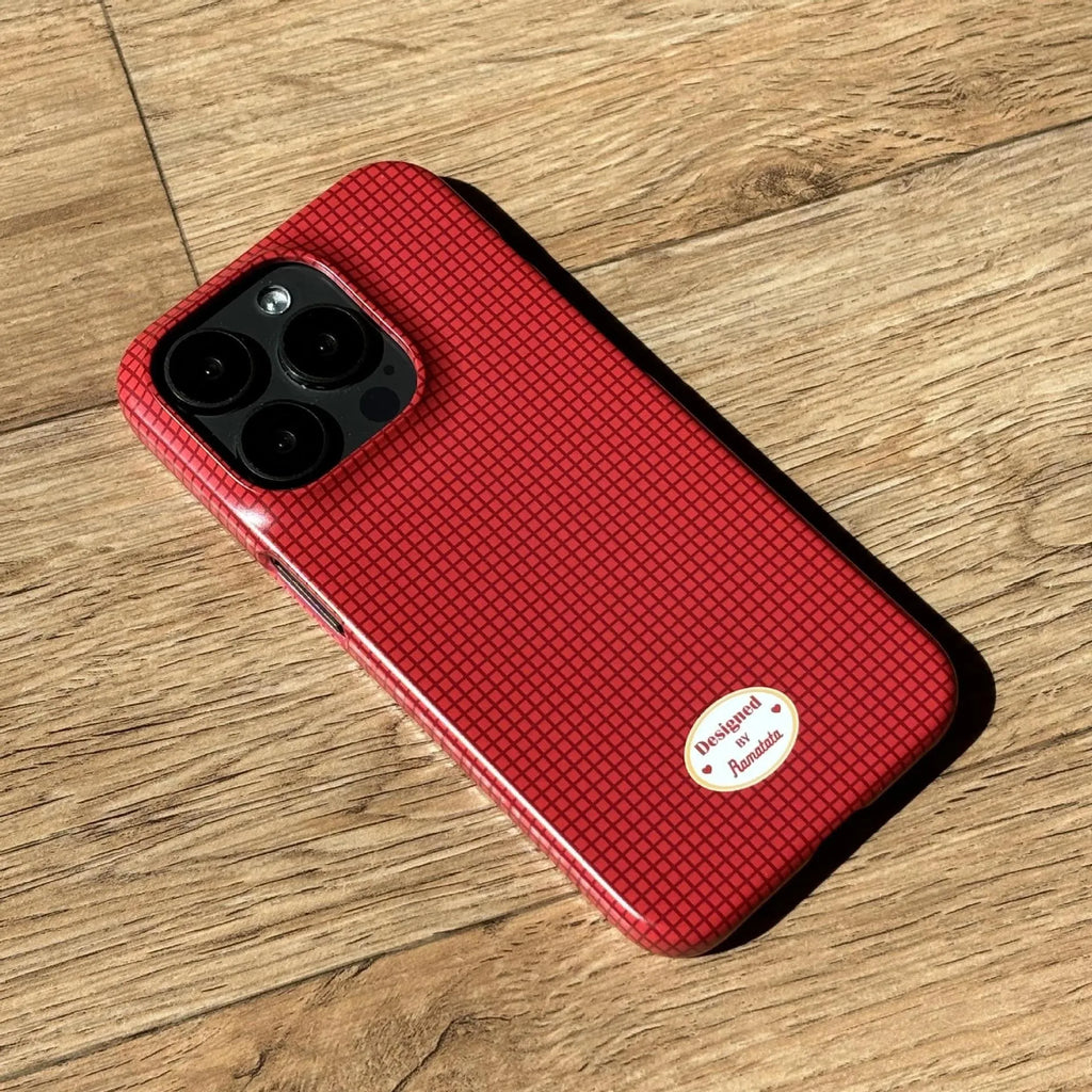 Original plaid design iPhone 15 Pro Max phone case in red and orange grid patterns with frosted and glossy finish options.