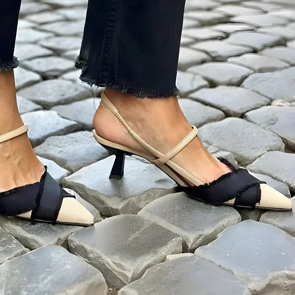 Women's apricot black colour block pointed-toe stiletto sandals with buckle closure