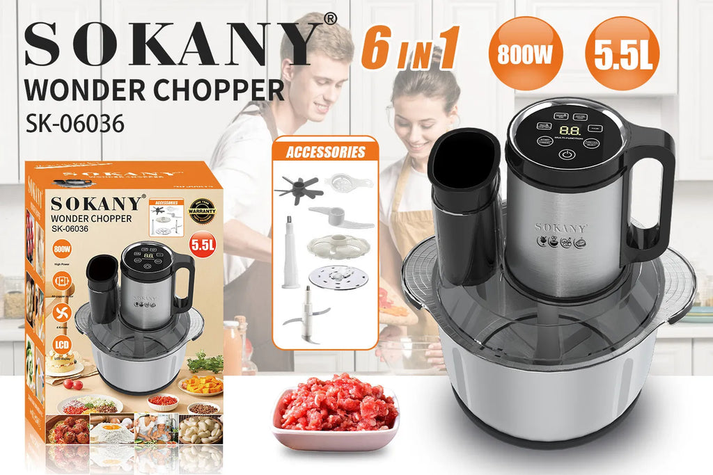 Stainless steel semi-automatic meat grinder with a 5-litre capacity bowl and food processing attachments.
