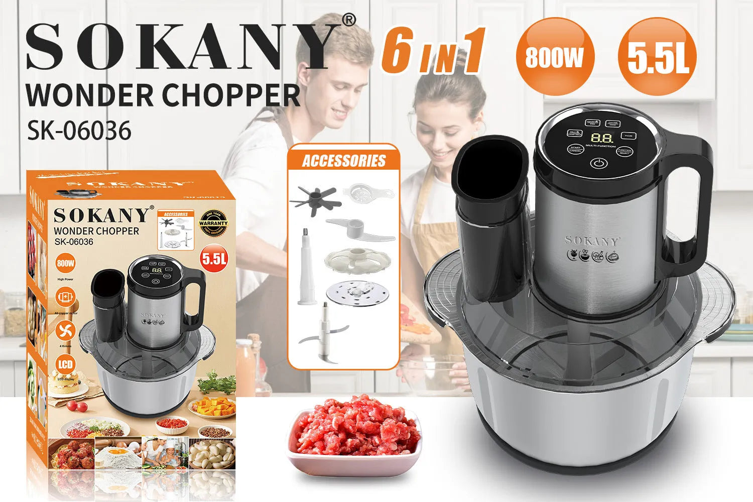 Stainless steel semi-automatic meat grinder with a 5-litre capacity bowl and food processing attachments.