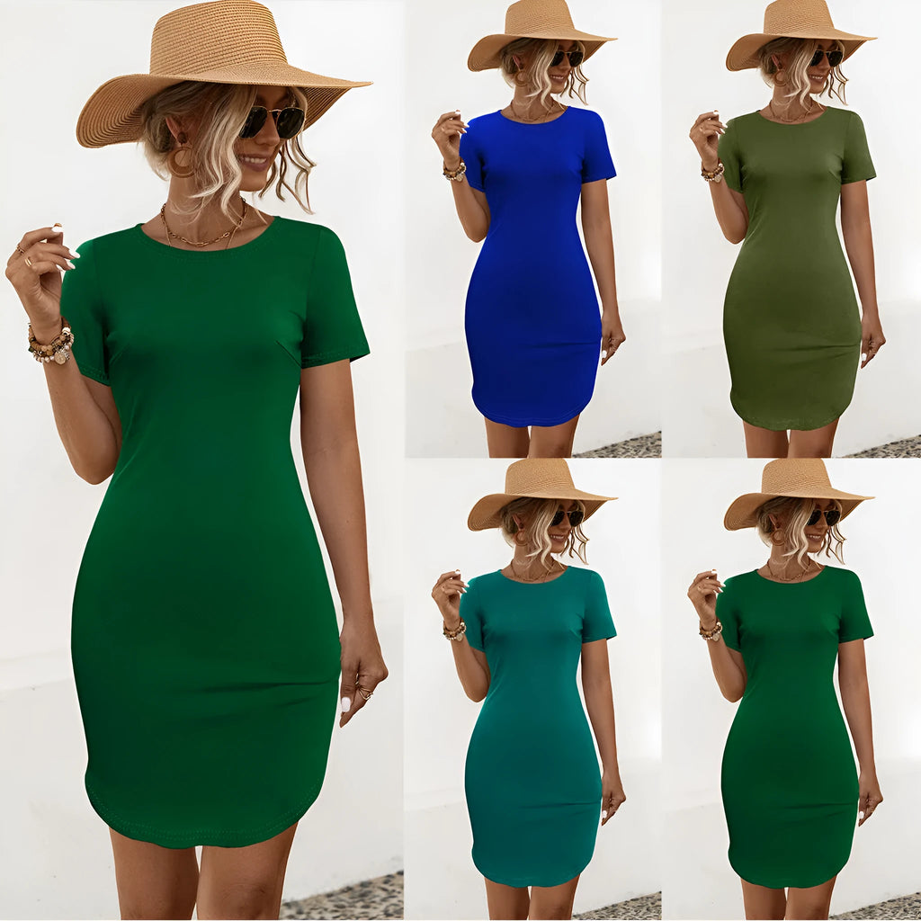 Women's slim-fitting short sleeve dress in dark green with a U-shaped neckline.