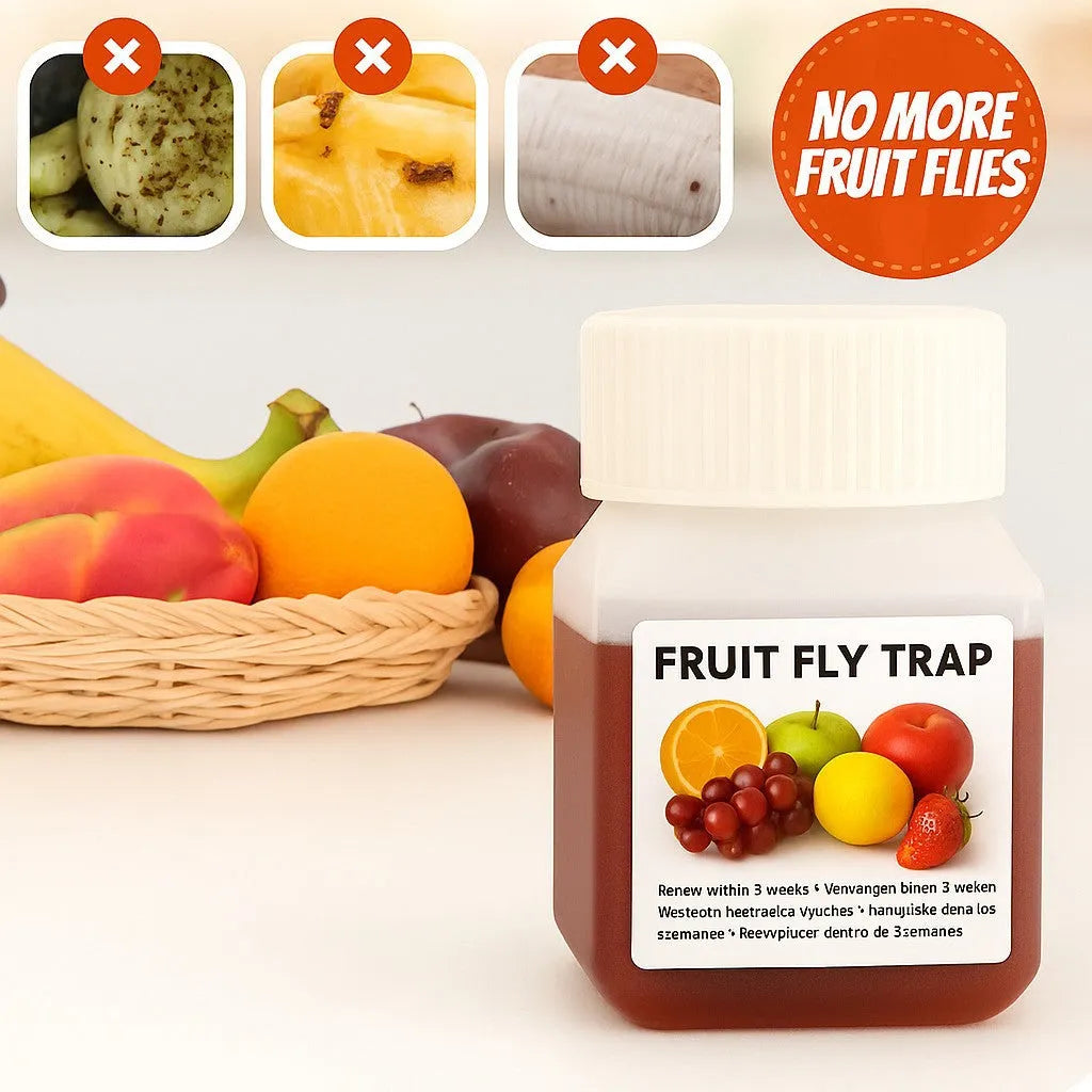Clear plastic bottle of fruit fly trapper bait liquid for reusable pest control traps