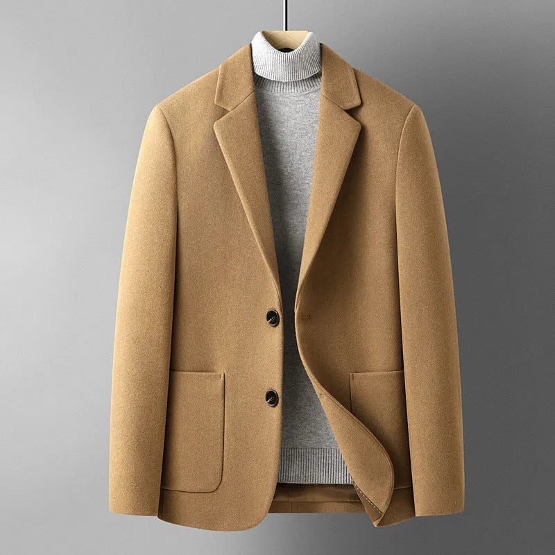 Men's slim fit wool blend suit jacket in a solid colour on a hanger.