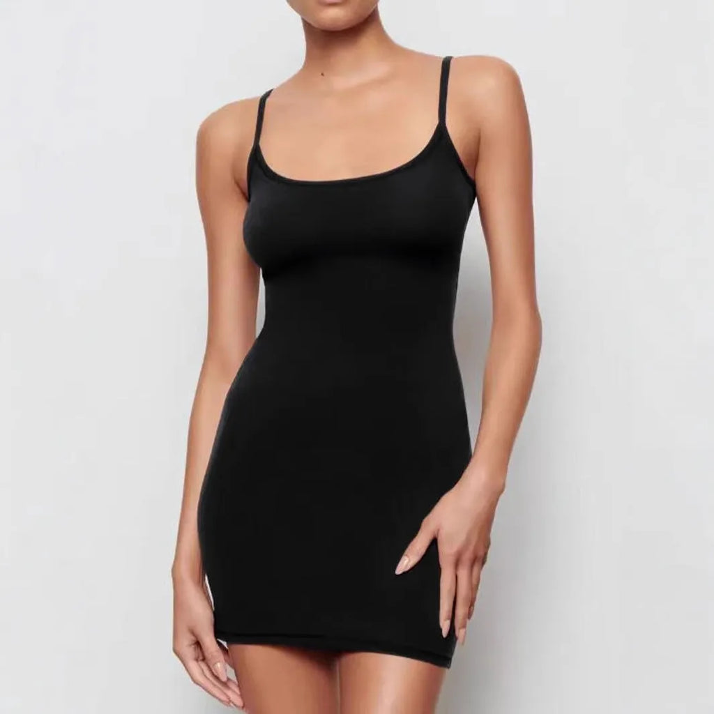 Black polyester sling dress with sheath silhouette and mid waist