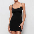 Black polyester sling dress with sheath silhouette and mid waist