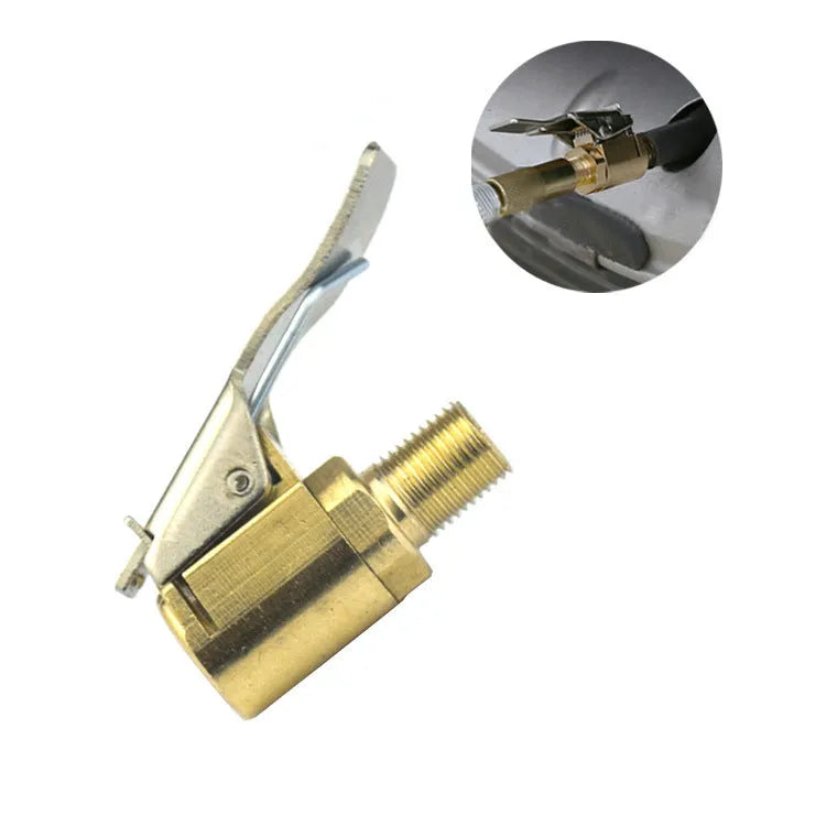 Brass tyre inflation clamp with bulging mouth connector for 8V1 valves, shown next to a car tyre.