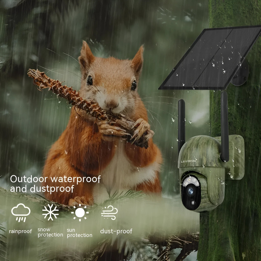 Camouflage 4G solar security camera with 6W solar panel, 4MP 2K full colour lens, ABS housing, 250*230*188mm