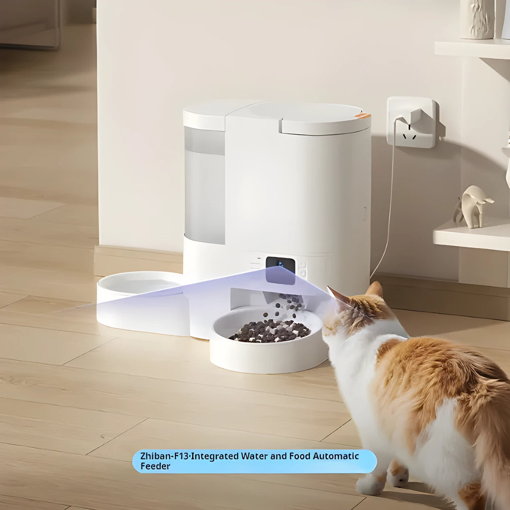 All-in-one AI pet feeder and water fountain with ceramic double bowl and visual food basin for adult cats