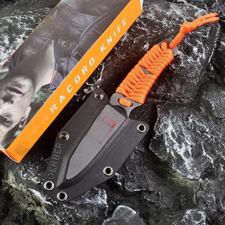 BG197 fixed blade camping survival knife with straight blade, rope-wrapped handle, and black ABS plastic sheath.